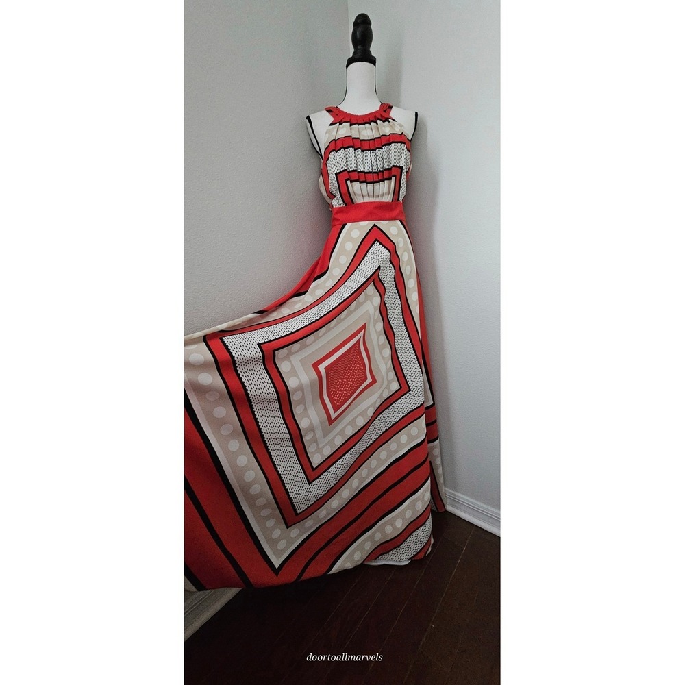 Eliza J Scarf Geometric Print Maxi Halter Dress sz 12 Statement Boho Chic